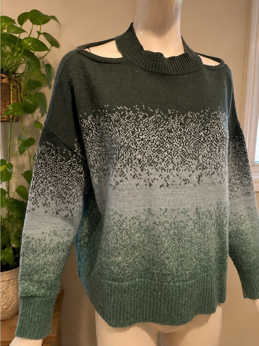 Aldo Martins Ombre Knit Sweater Cold Shoulder Mock Neck Green Grey